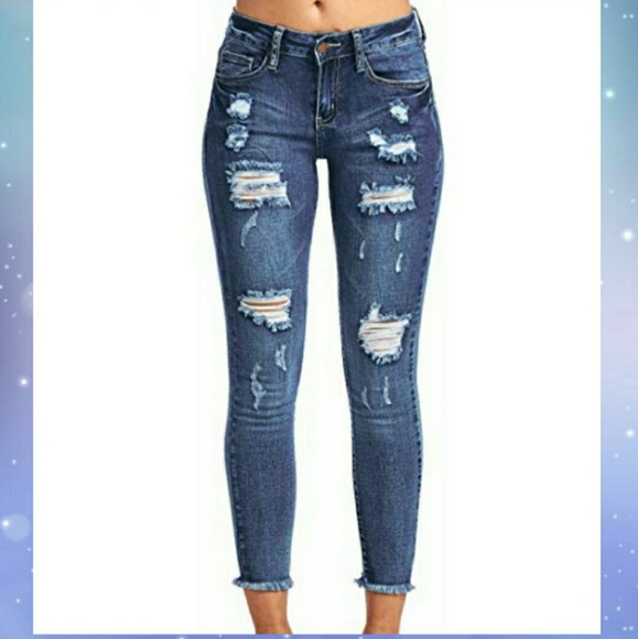 🔥 Distressed stretch frayed hem skinny jeans - Picture 2 of 4
